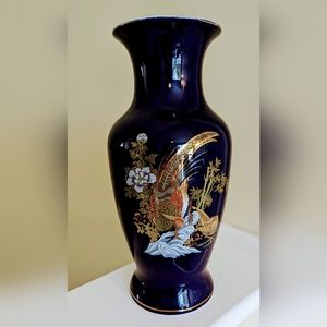 Vintage Large Japanese style cobalt blue Pheasants & bamboo vase 12.5"